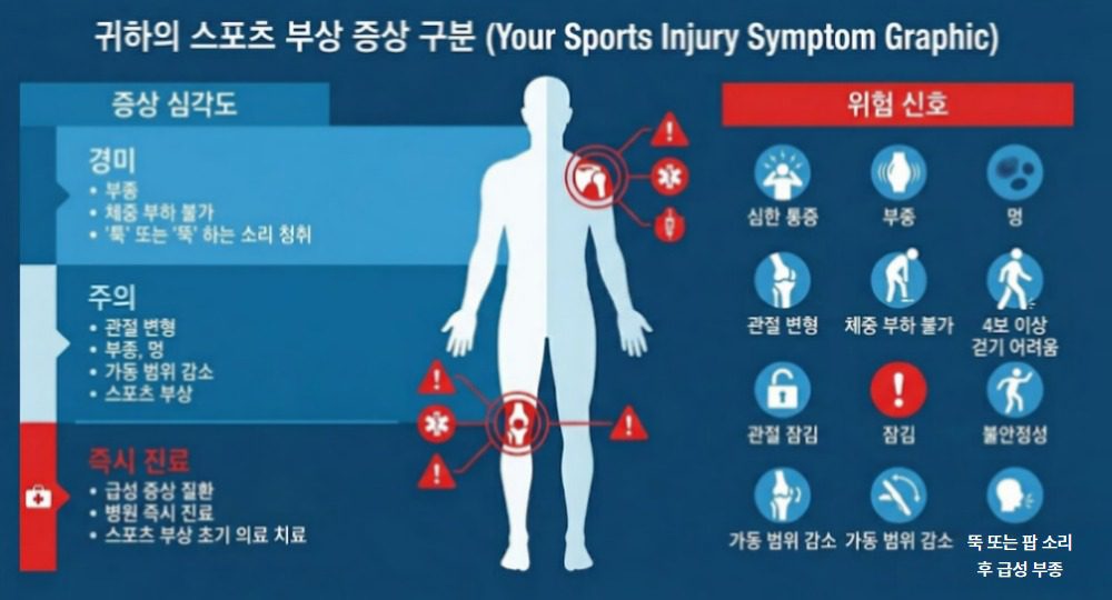 스포츠 부상 후 증상 심각도와 위험 신호를 구분해 보여주는 안내 인포그래픽