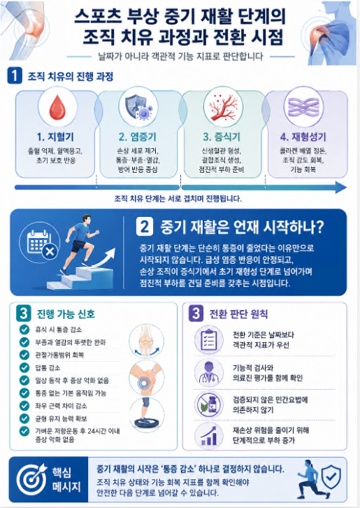 스포츠 부상 중기 재활 단계에서 조직 치유 과정과 진행 가능 신호, 전환 판단 기준을 정리한 의료 인포그래픽
